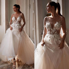 Exquisite A Line Wedding Dress 3D Floral Appliques Sequins O Neck Bride Gowns