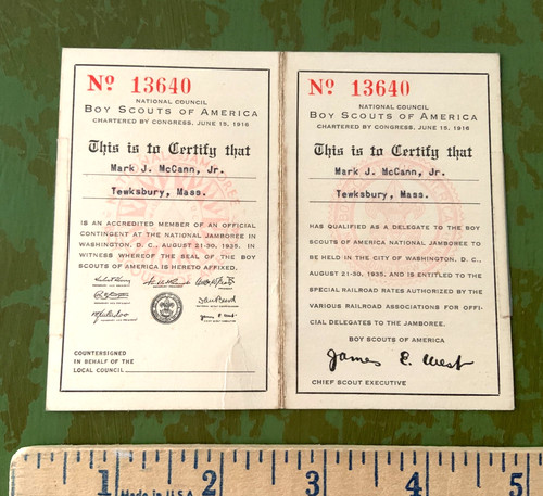 1935 NATIONAL JAMBOREE Tewksbury Massachusetts Troop 1 CERTIFICATION CARD BSA