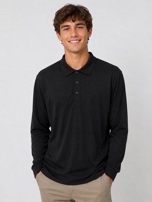 Tri-Mountain Performance Black Long Sleeve Polo Shirt Men s XL Polyester Golf