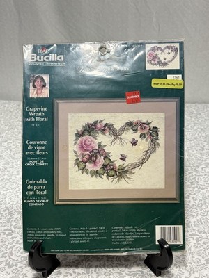 Counted Cross Stitch Kit Bucilla Pink Floral Grapevine Wreath 14 x 11 NIP 43092