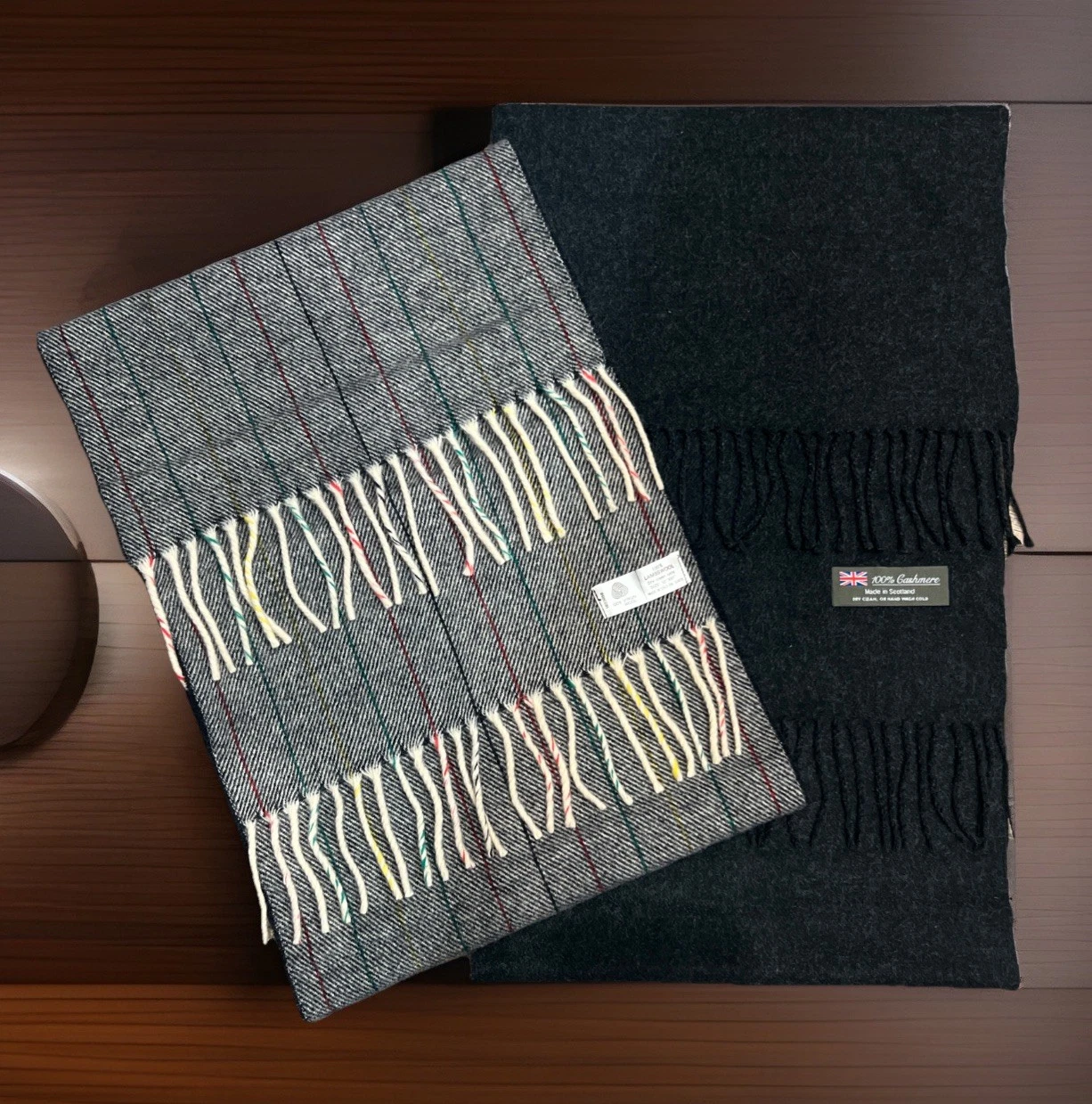 2 Scarfs Striped 100% Lamb’s wool Made In Italy & Black 100% Cashmere Scotland