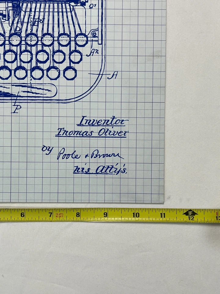 Vintage Patent Art Poster – 1898 THOMAS OLIVER Type Writing Machine - Blueprint - Image 2 of 3
