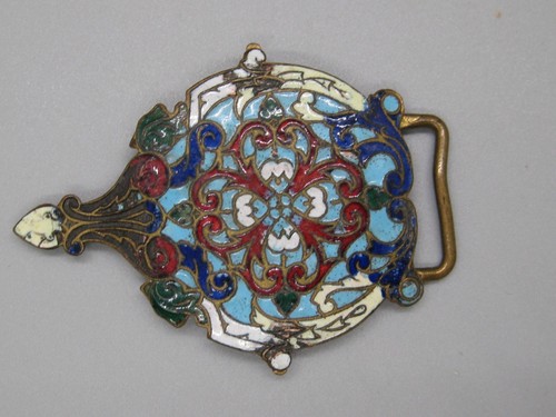 Antique 19C Victorian Era Ornate Enamel & Brass Belt Buckle Only Half! - Picture 3 of 7