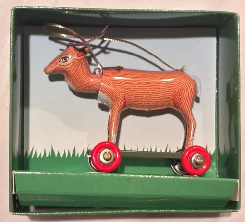 Vintage 2003 Schylling Penny Toy Tin Toy Wheeled Ornament in Box - Deer