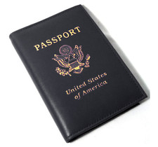 RFID Black Leather Passport Holder Wallet ID Credit Card Cover USA Emblem New