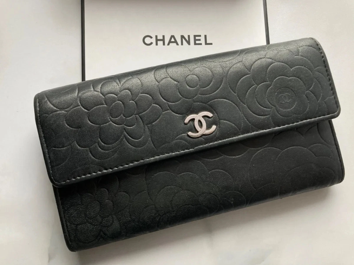 Authentic Chanel Black Quilted Calfskin Leather Wallet with Pearl Chain