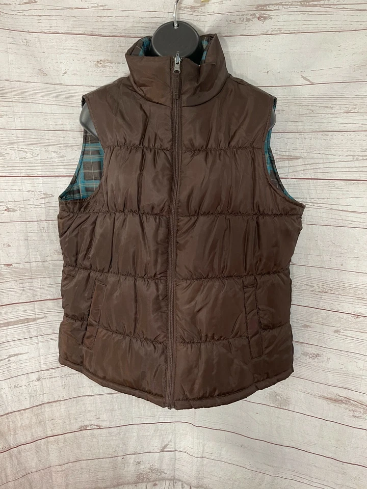 Chaleco reversible sin mangas Merona para mujer marrón/verde a cuadros talla XL Foto 3 de 4