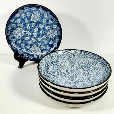 Set of 5 Japanese Small Plates Karakusa Blue Gray Ceramic Sandstone Hand Painted