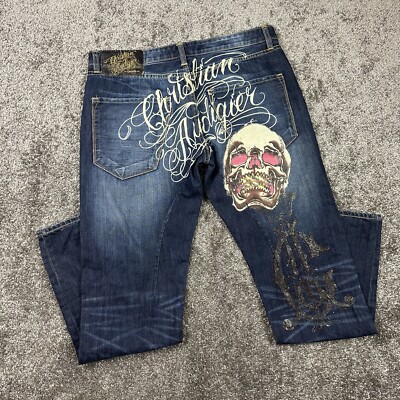 Christian Audigier Jeans 36X34 Embroidered Skull Button Fly Y2K