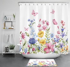 Buttefly Green Leaf Pink Wildflower Shower Curtain Bathroom Accessories Set