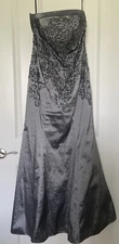 Formal EveningDress Sz 12 Silver Satin Lace Up Embellished Strapless Wedding NYE