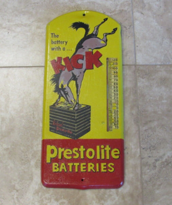 Rare Large Vintage Prestolite Batteries Thermometer Sign Adv Donkey Kick Auto