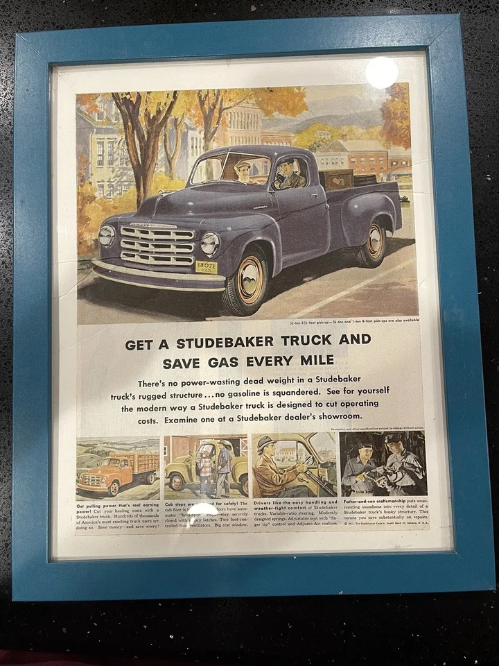 TWO FRAMED 1950 s Studebaker Trucks new models city work trucks VINTAGE ART - Image 3 of 4