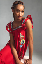 Farm Rio Embroidered Dress Square Neck Anthropologie Folklore Boho Linen S NEW