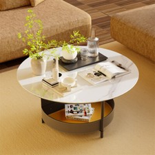 Modern Large Round Coffee Table Marble Top&Saddle Leather Storage Easy to Clean