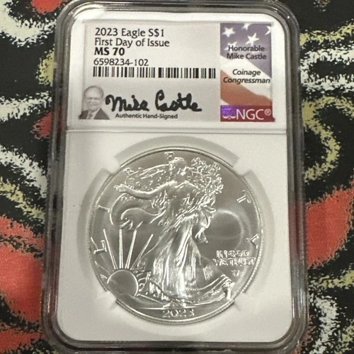 2023 $1 SILVER EAGLE NGC MS70 MIKE CASTLE SIGNED FIRST DAY OF ISSUE FDI LABEL