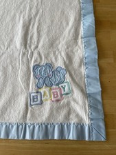 VTG CUDDLE TIME BABY BLANKET FLEECE EMBROIDERED BEAR W/ BLOCKS BLUE 37x29 USA