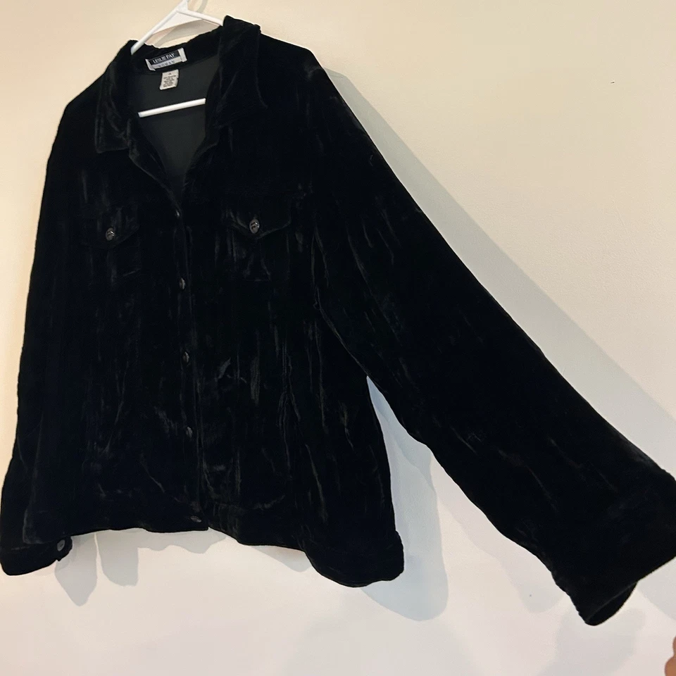 Chaqueta Camisa De Terciopelo Leslie Fay De Colección Talla 2X Bolsillos Abotonados Semi Transparente Negra Cuadrada Foto 3 de 4