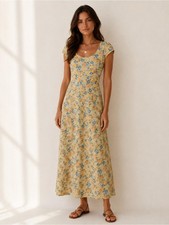 Chaps Floral Maxi Dress Women’s Medium Petite Cottagecore Prairie Summer Yellow