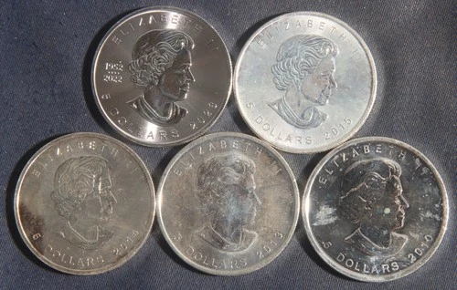 FIVE (5)  1 OZ .9999 SILVER  MAPLE LEAF COINS (2010- 2023)  LOT 131010