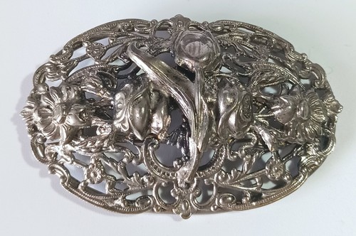 Vintage Ornate Slightly Domed Open Oval Floral Art Nouveau Style Brooch - Picture 4 of 8