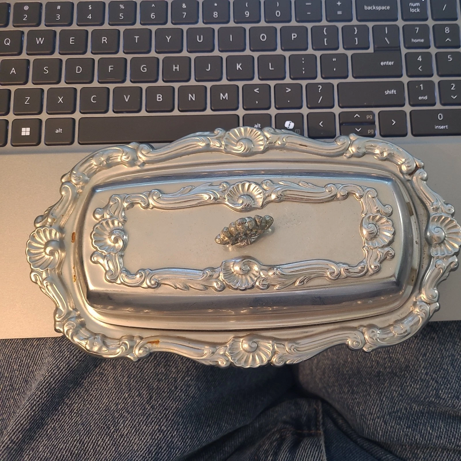 Vintage Ornate Shiney Steel Butterdish With Lid Floral Edge design Chrome Handle