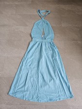 River island, blue, front wrap halter neck maxi cotton/linen dress size 10