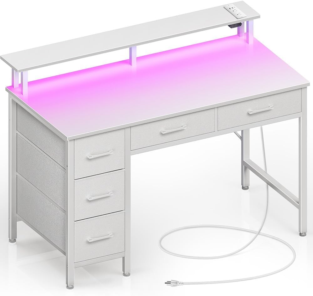 Computer Desk W/ Power Outlets & LED Light 39 inch Home Office Desk W/ 5 Drawers-image