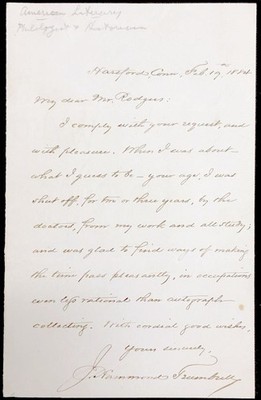 James Hammond Trumbull / 1884 letter to young autograph collector reflecting