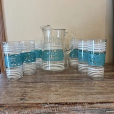 Anchor Hocking MCM Glass Pitcher And Glasses Ice Tea Set Turquoise & White