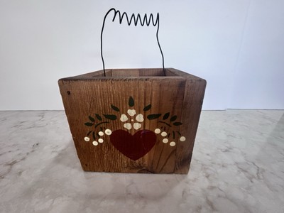 Wood Box Container 5.75  Cube Retro Heart White Flower Design Sides 3/4  Thick