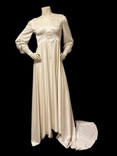 Vtg Ivory Jersey Lace Faux Pearls Maxi Wedding Dress RARE GOWN Romantic Train S