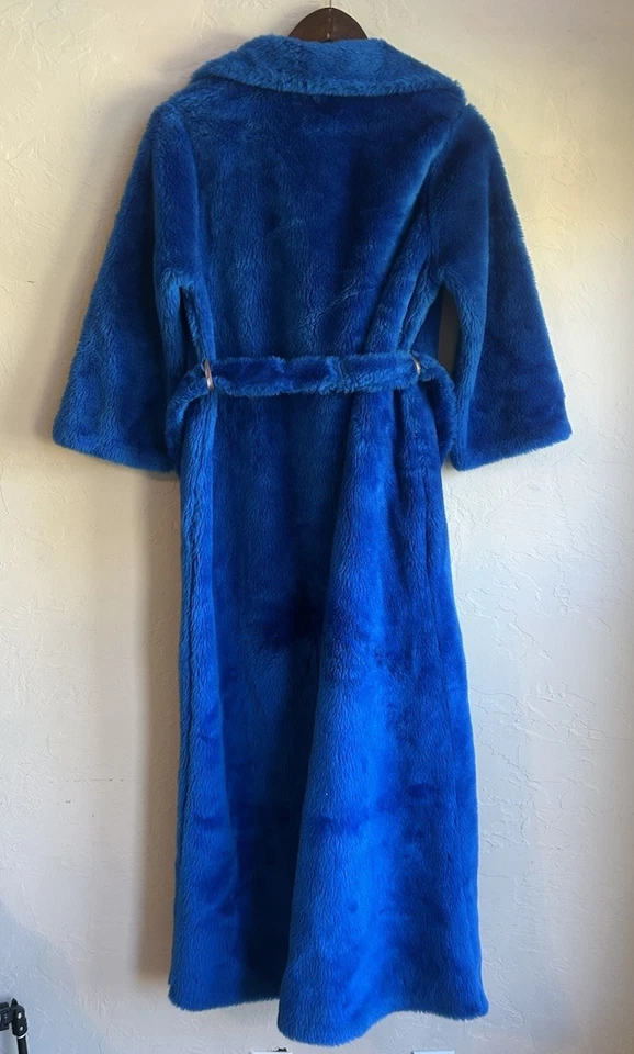 Vintage 70s Faux Fur Maxi Coat 12 Electric Blue Mod Belted Wrap Robe Boho Glam - Image 2 of 4