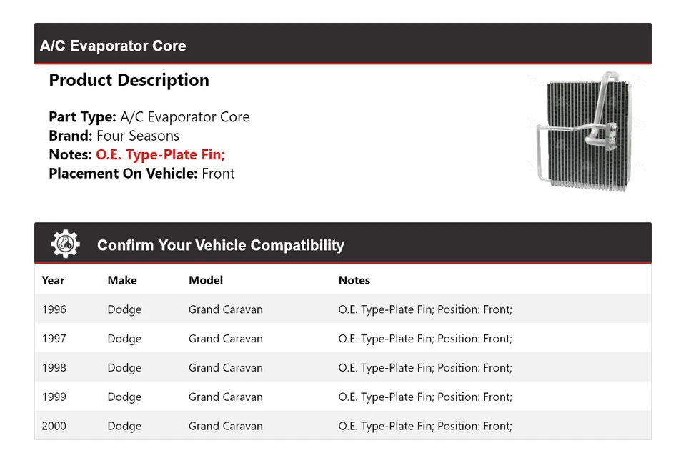 Передняя сердцевина испарителя кондиционера для Dodge Grand Caravan 1996-2000 годов выпуска 4 сезона 1997 1998 - Изображение 2 из 4