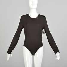 Medium 1990s Bodysuit Donna Karan Designer Long Sleeve Thong Stretchy Neutral