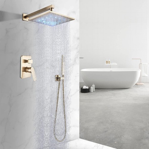 Brushed Gold Shower Faucet System LED 12'' Rain Shower Head Tub Filler Mixer Tap - Picture 3 of 46