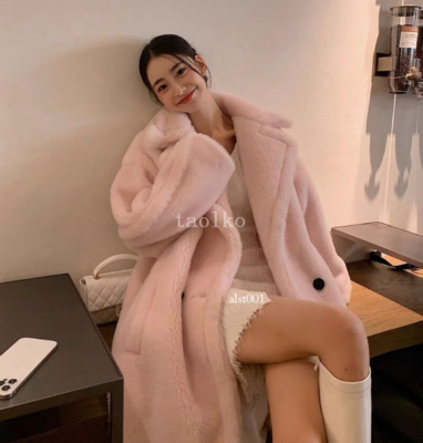 Women Lamb Wool Oversize Real Shearling Fur Mid Long Coat Overcoat