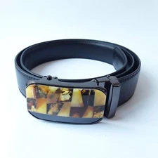 Mens black leather belt  decorated with gemstone Baltic amber buckle  L - 115 cm