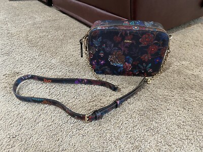 Furla Brava Mini Crossbody Purse Black Floral Gold Chain Strap Leather Italy