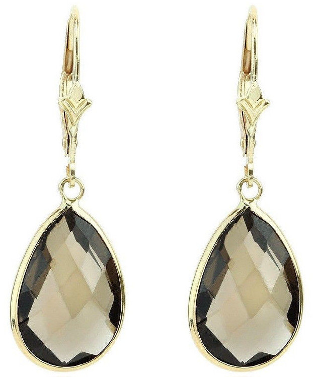 14k Yellow Gold Fancy Cut Pear Shaped Smoky Topaz Dangling Earrings 