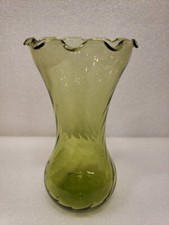 Vintage Olive Green Swirl Glass 7"Tx3.75"W Flower Vase Fluted Rim DR19