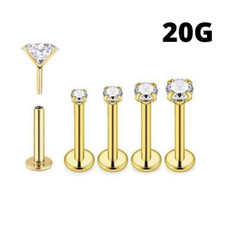 PAIR 20G 5/16" GEM CZ GOLD THREADLESS PUSH IN PIN STEEL LABRET RING TRAGUS STUD
