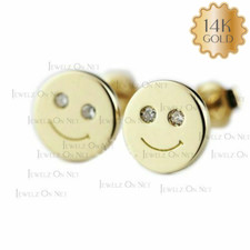 14K Gold 0.04 Ct Natural Diamond Happy Smiley Emoji Earrings-Gifts For Women