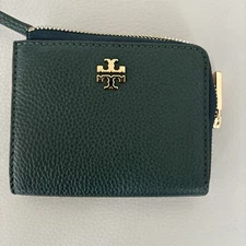 TORY BURCH Small Leather Zip Gold Hardware Wallet Green