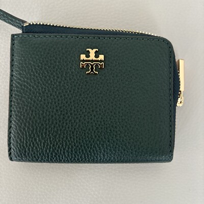 TORY BURCH Small Leather Zip Gold Hardware Wallet Green