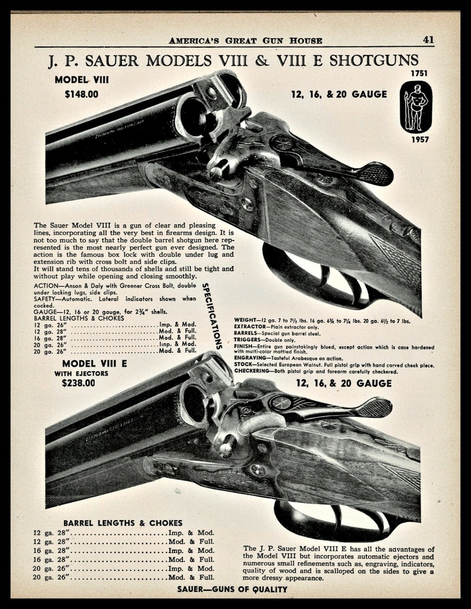 1958 J.P. SAUER Model VIII & VIII E Shotgun AD Enmgraving images