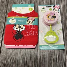 NEW Disney Minnie Mouse 2 Pack Baby Bibs Baby Rattle Lot