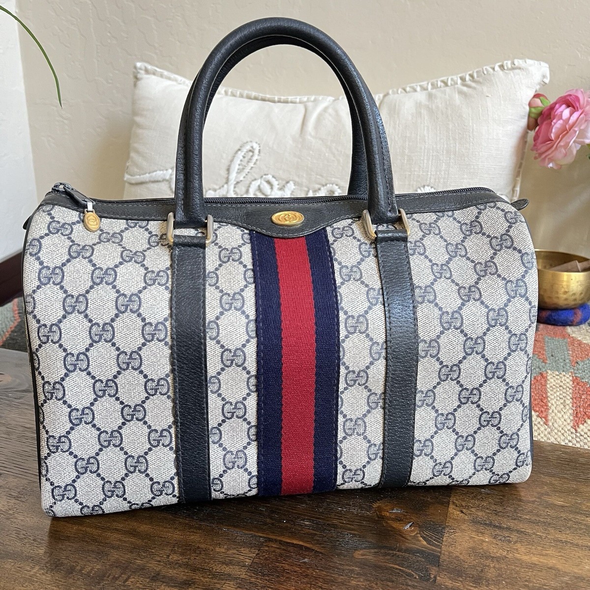 GUCCI Web Sherry Line Navy Boston Bag With Authenticity Cert | eBay