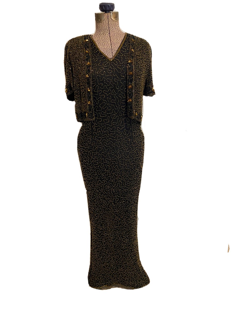papell boutique beaded dress Papell Boutique Silk Black Beaded Maxi Dress Evening Formal Spaghetti Strap Gown