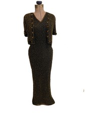Vintage Papell Boutique Evening Silk Beaded Gown 10 Short Sleeve Long Dress